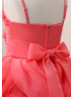 Adjustable Straps Beaded Coral Organza Satin Flower Girl Dress